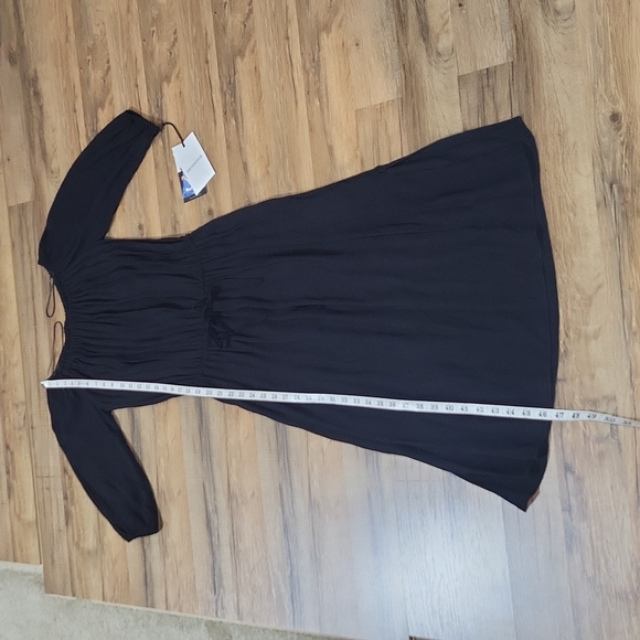 WHO WHAT WEAR Black Bardot Boho Rayon Drawstring Waist Side Slit Long Midi Dress - Picture 10 of 13